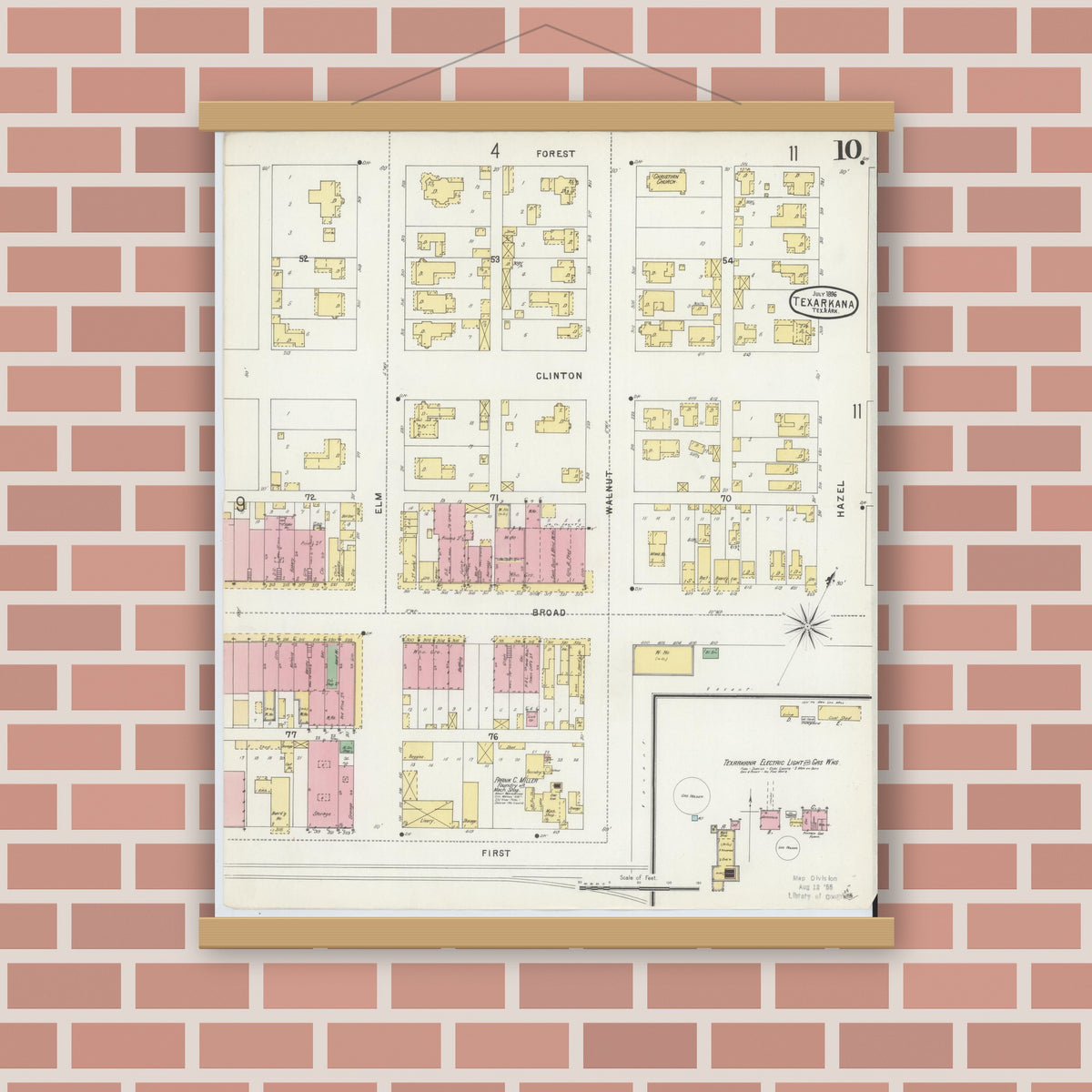 Old map wall art mockup — magnetic wood frame on brick wall — Sanborn Fire Insurance Map from Texarkana, Bowie County, Texas (1896), Sheet #0010