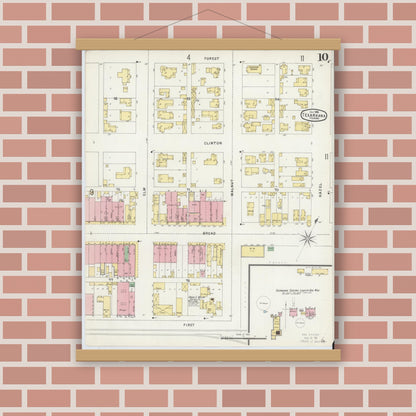 Old map wall art mockup — magnetic wood frame on brick wall — Sanborn Fire Insurance Map from Texarkana, Bowie County, Texas (1896), Sheet #0010