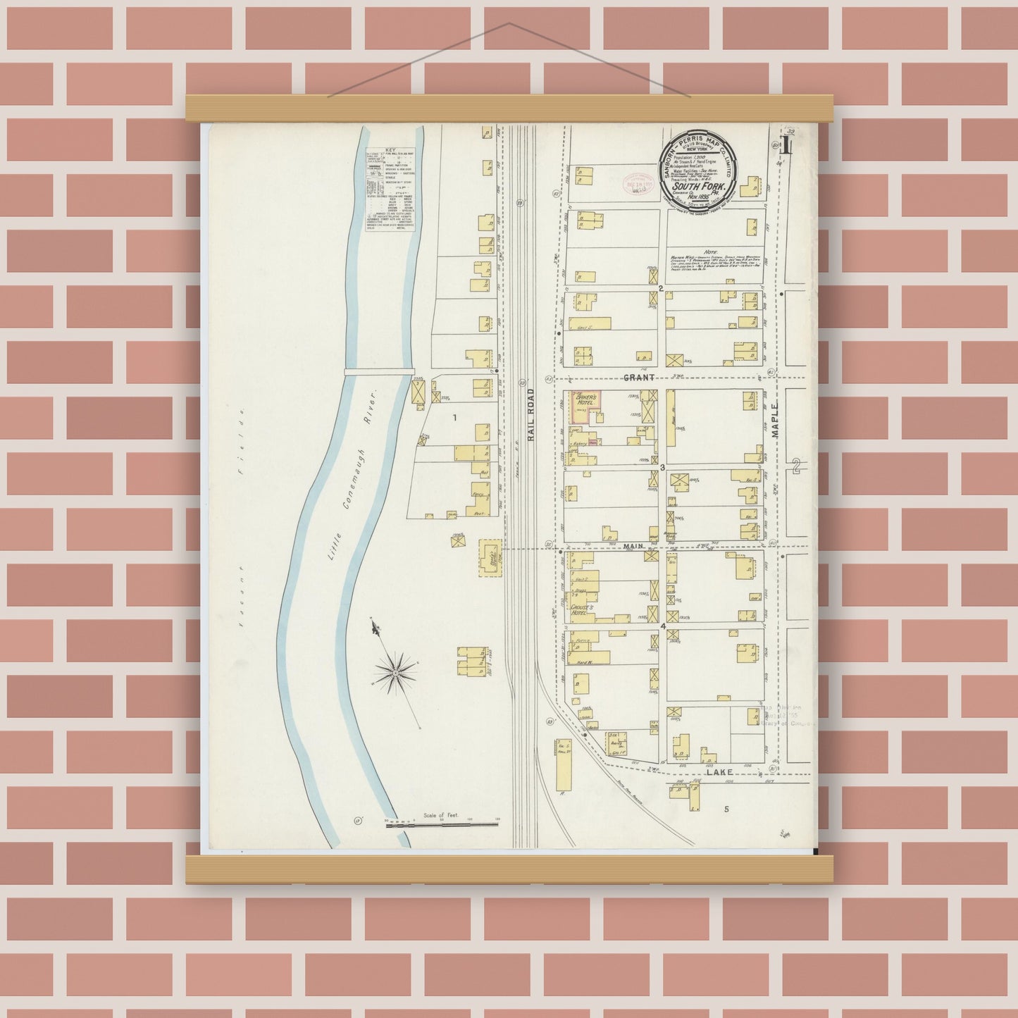 Old map wall art mockup — magnetic wood frame on brick wall — Sanborn Fire Insurance Map from South Fork, Cambria County, Pennsylvania (1895), Sheet #0001