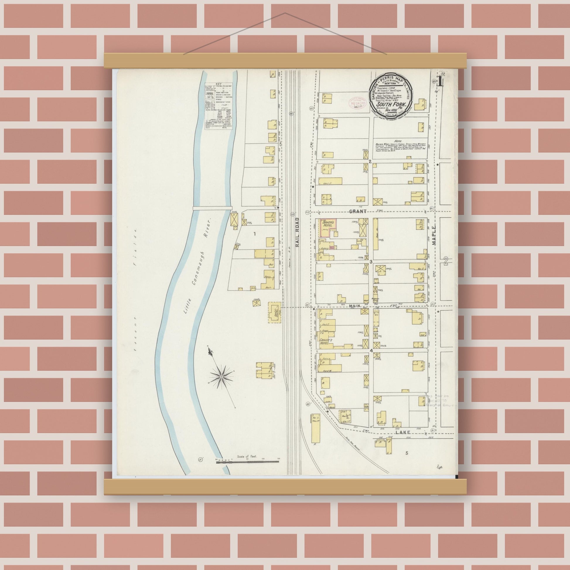 Old map wall art mockup — magnetic wood frame on brick wall — Sanborn Fire Insurance Map from South Fork, Cambria County, Pennsylvania (1895), Sheet #0001