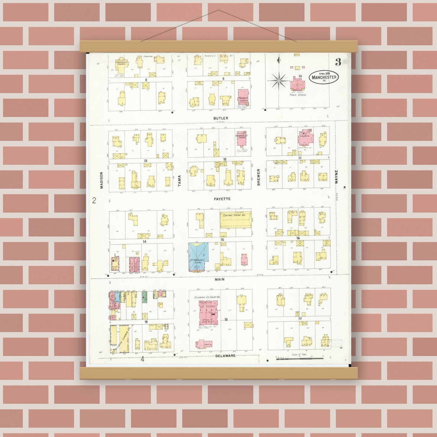 Old map wall art mockup — magnetic wood frame on brick wall — Sanborn Fire Insurance Map from Manchester, Delaware County, Iowa (1899), Sheet #0003