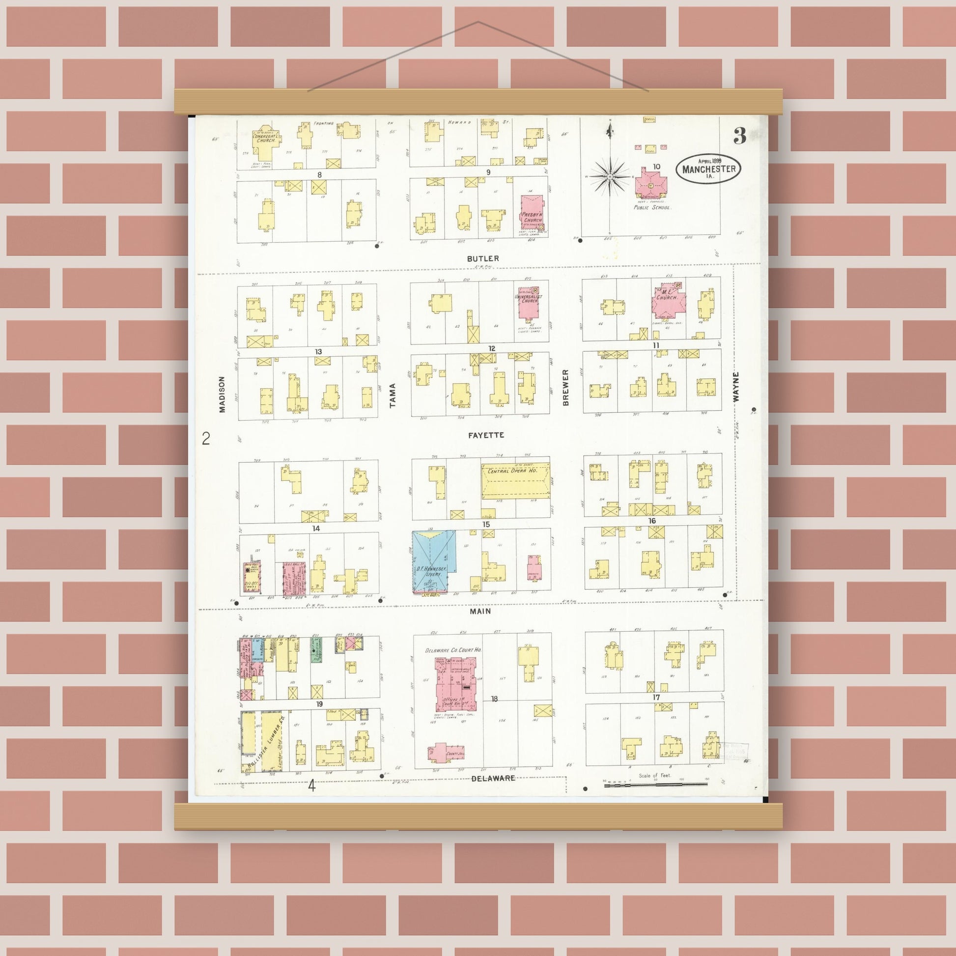 Old map wall art mockup — magnetic wood frame on brick wall — Sanborn Fire Insurance Map from Manchester, Delaware County, Iowa (1899), Sheet #0003
