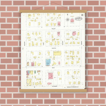 Old map wall art mockup — magnetic wood frame on brick wall — Sanborn Fire Insurance Map from Manchester, Delaware County, Iowa (1899), Sheet #0003