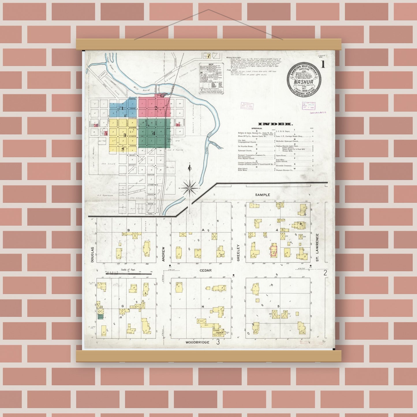Old map wall art mockup — magnetic wood frame on brick wall — Sanborn Fire Insurance Map from Nashua, Chickasaw County, Iowa (1909) â€” Complete Set