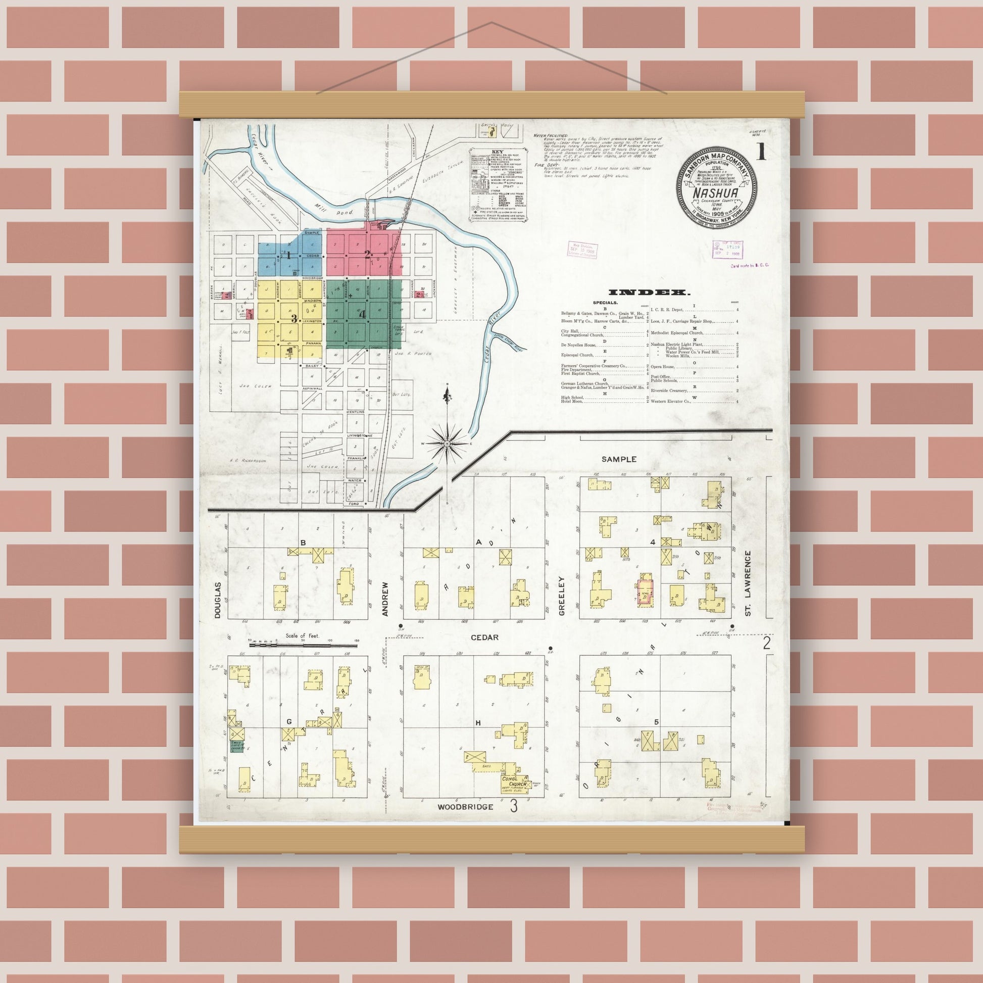 Old map wall art mockup — magnetic wood frame on brick wall — Sanborn Fire Insurance Map from Nashua, Chickasaw County, Iowa (1909) â€” Complete Set