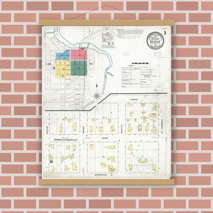 Old map wall art mockup — magnetic wood frame on brick wall — Sanborn Fire Insurance Map from Nashua, Chickasaw County, Iowa (1909) â€” Complete Set