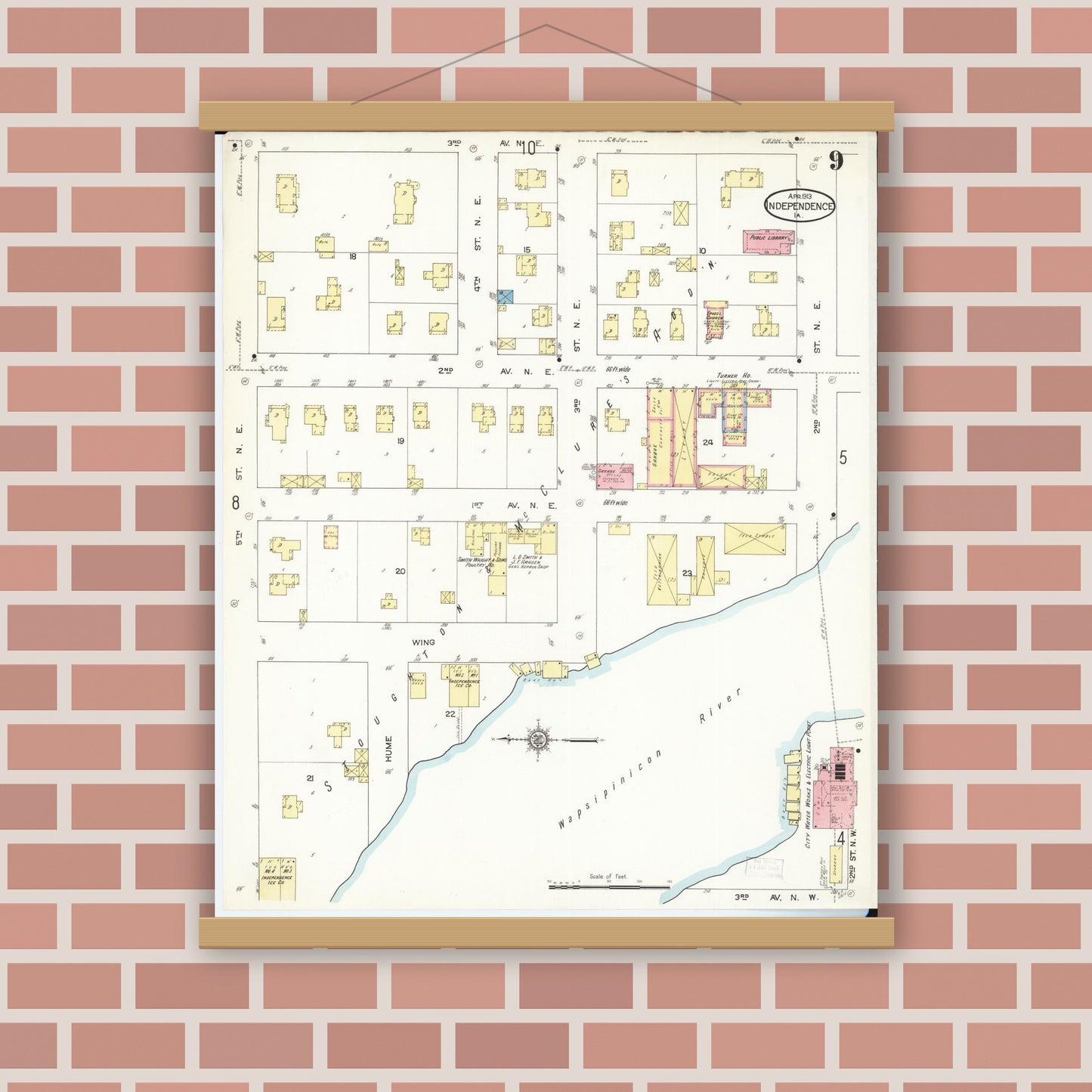 Old map wall art mockup — magnetic wood frame on brick wall — Sanborn Fire Insurance Map from Independence, Buchanan County, Iowa (1913), Sheet #0009