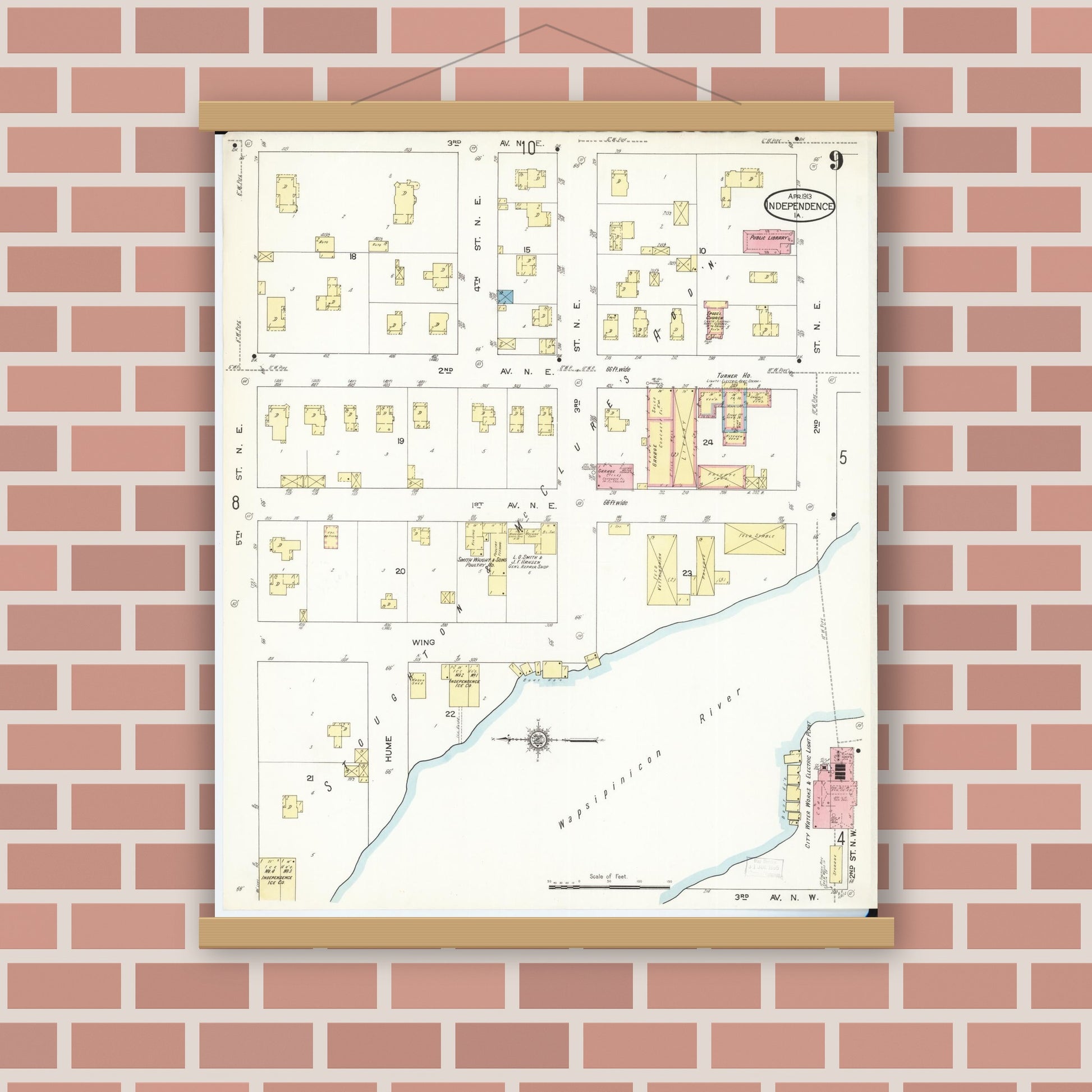 Old map wall art mockup — magnetic wood frame on brick wall — Sanborn Fire Insurance Map from Independence, Buchanan County, Iowa (1913), Sheet #0009