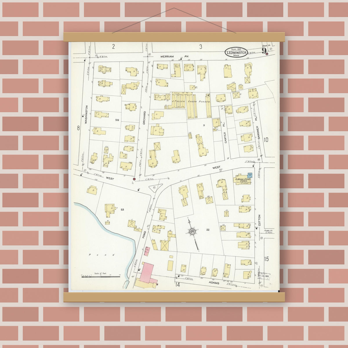 Old map wall art mockup — magnetic wood frame on brick wall — Sanborn Fire Insurance Map from Leominster, Worcester County, Massachusetts (1912), Sheet #0009