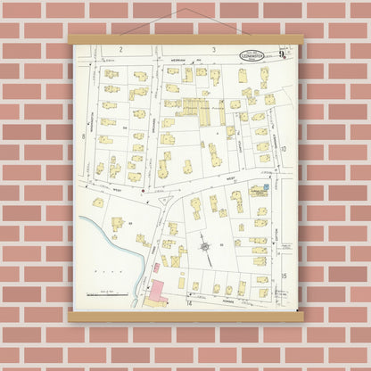 Old map wall art mockup — magnetic wood frame on brick wall — Sanborn Fire Insurance Map from Leominster, Worcester County, Massachusetts (1912), Sheet #0009