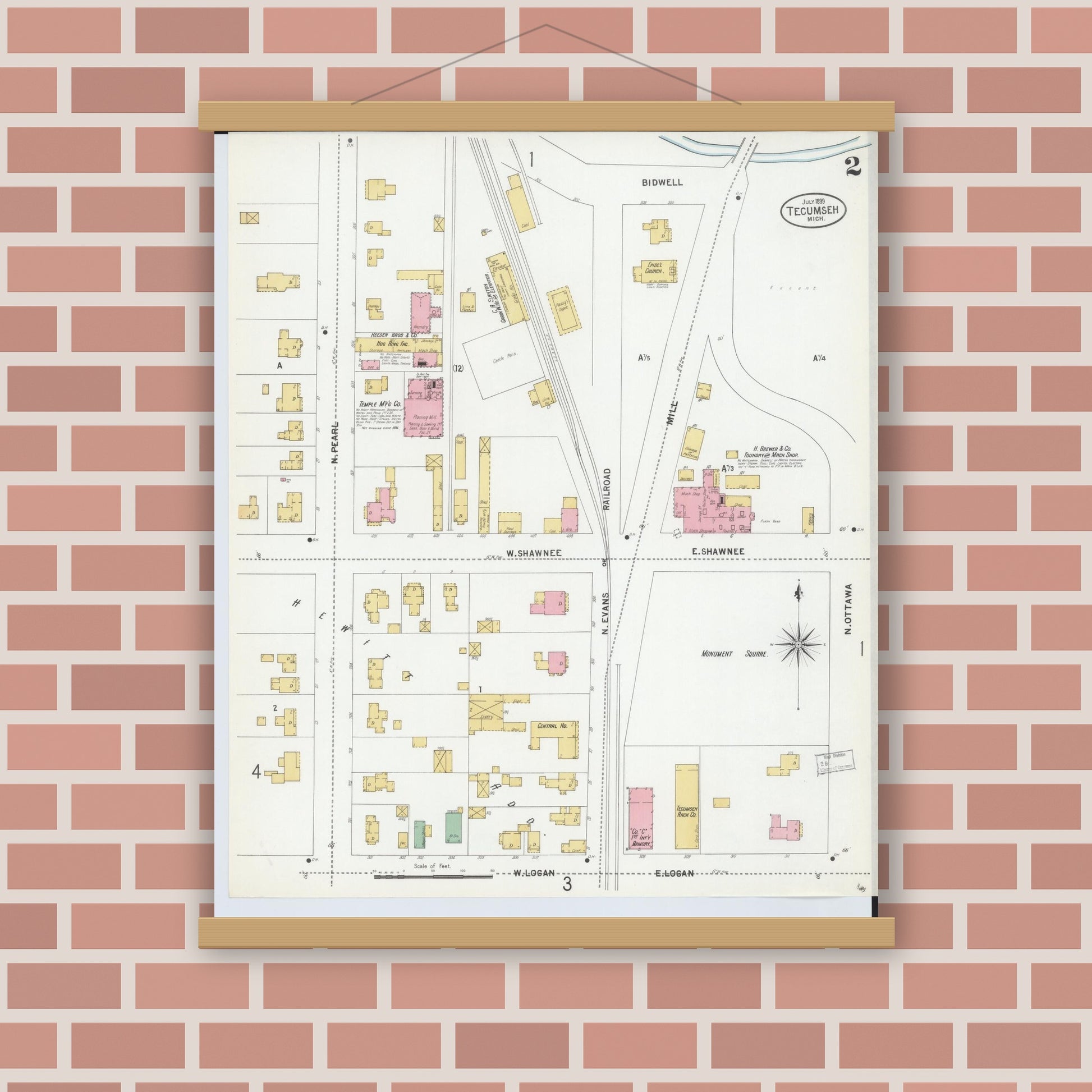 Old map wall art mockup — magnetic wood frame on brick wall — Sanborn Fire Insurance Map from Tecumseh, Lenawee County, Michigan (1899), Sheet #0002