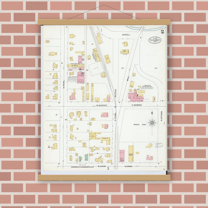 Old map wall art mockup — magnetic wood frame on brick wall — Sanborn Fire Insurance Map from Tecumseh, Lenawee County, Michigan (1899), Sheet #0002