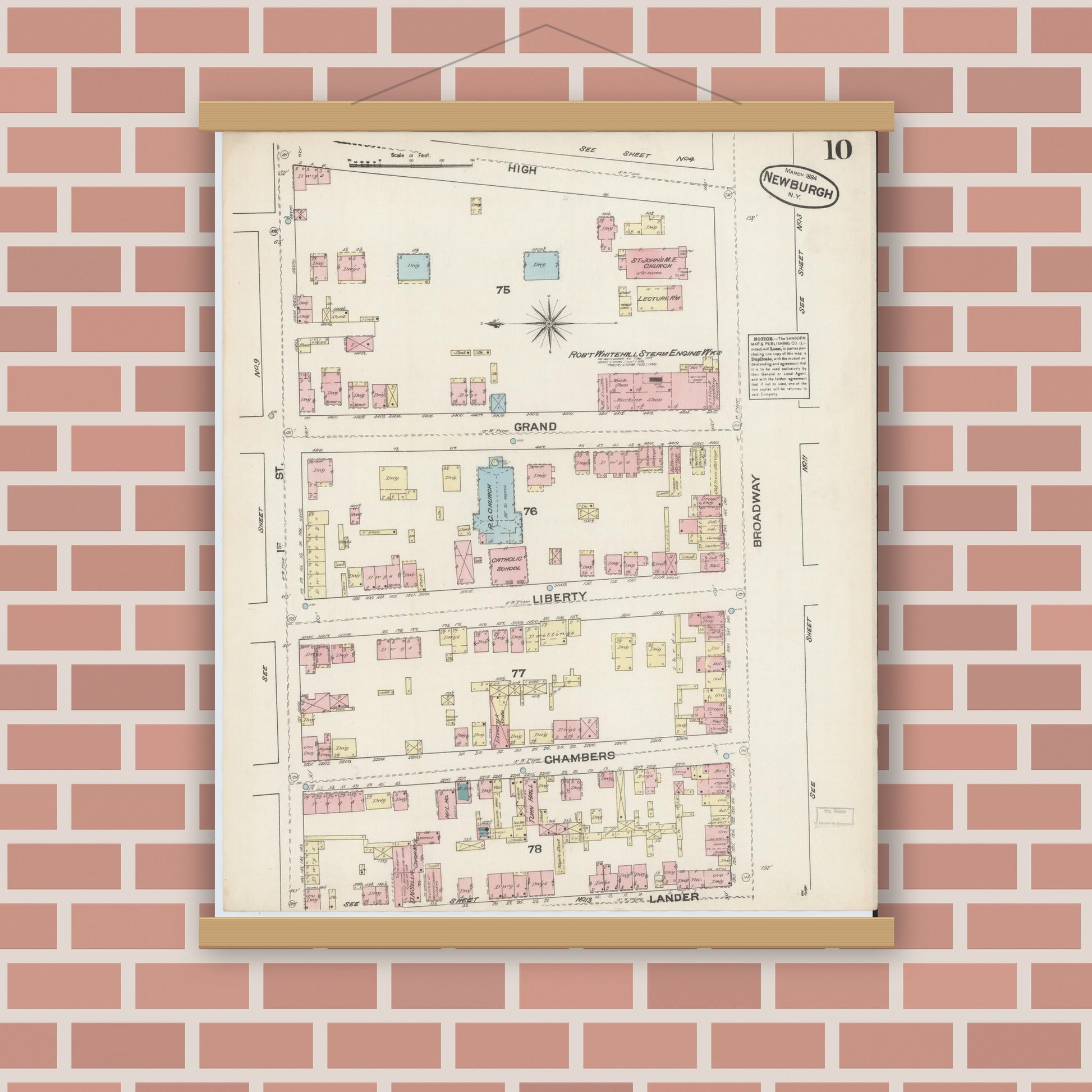 Old map wall art mockup — magnetic wood frame on brick wall — Sanborn Fire Insurance Map from Newburgh, Orange County, New York (1884), Sheet #0010