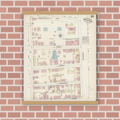 Old map wall art mockup — magnetic wood frame on brick wall — Sanborn Fire Insurance Map from Newburgh, Orange County, New York (1884), Sheet #0010