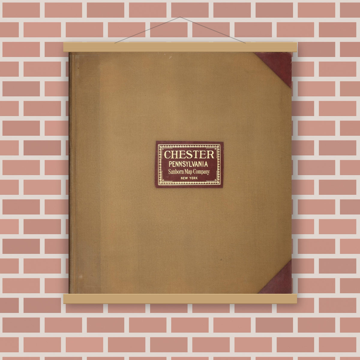 Old map wall art mockup — magnetic wood frame on brick wall — Sanborn Fire Insurance Map from Chester, Delaware County, Pennsylvania (1950), Sheet #0001