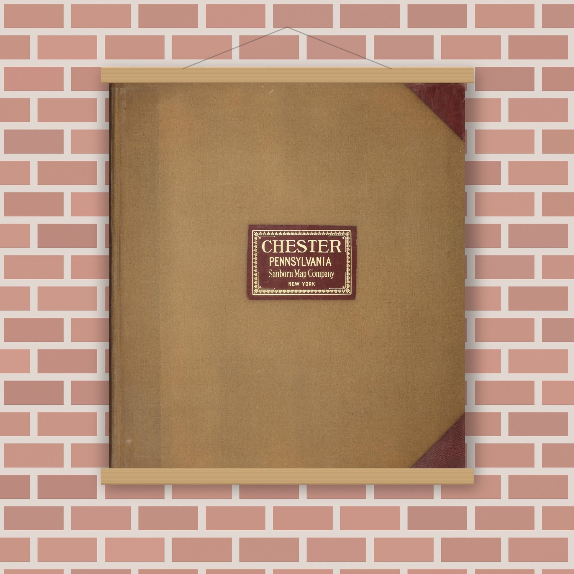Old map wall art mockup — magnetic wood frame on brick wall — Sanborn Fire Insurance Map from Chester, Delaware County, Pennsylvania (1950), Sheet #0001