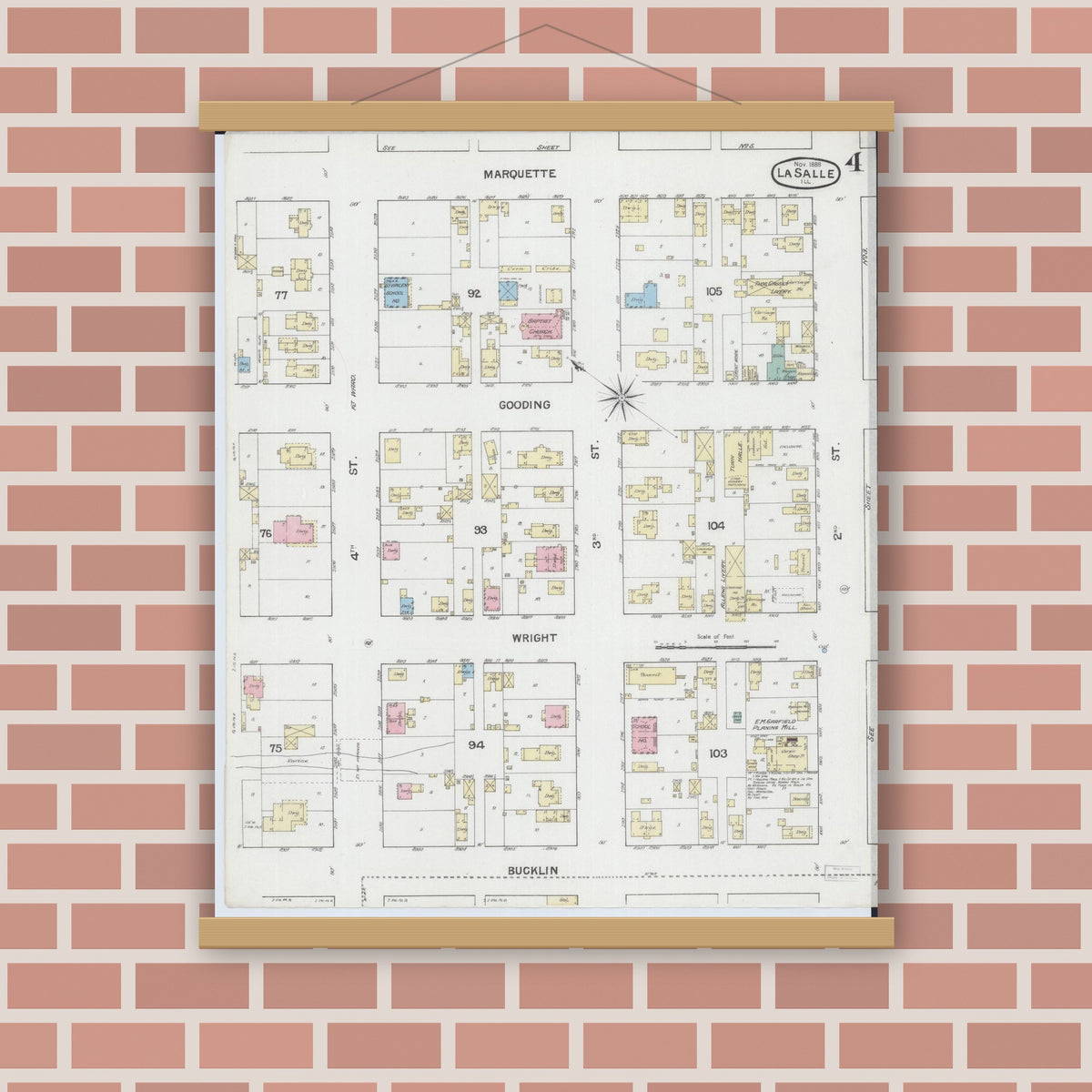 Old map wall art mockup — magnetic wood frame on brick wall — Sanborn Fire Insurance Map from La Salle, La Salle County, Illinois (1888), Sheet #0004