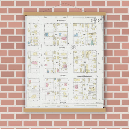 Old map wall art mockup — magnetic wood frame on brick wall — Sanborn Fire Insurance Map from La Salle, La Salle County, Illinois (1888), Sheet #0004