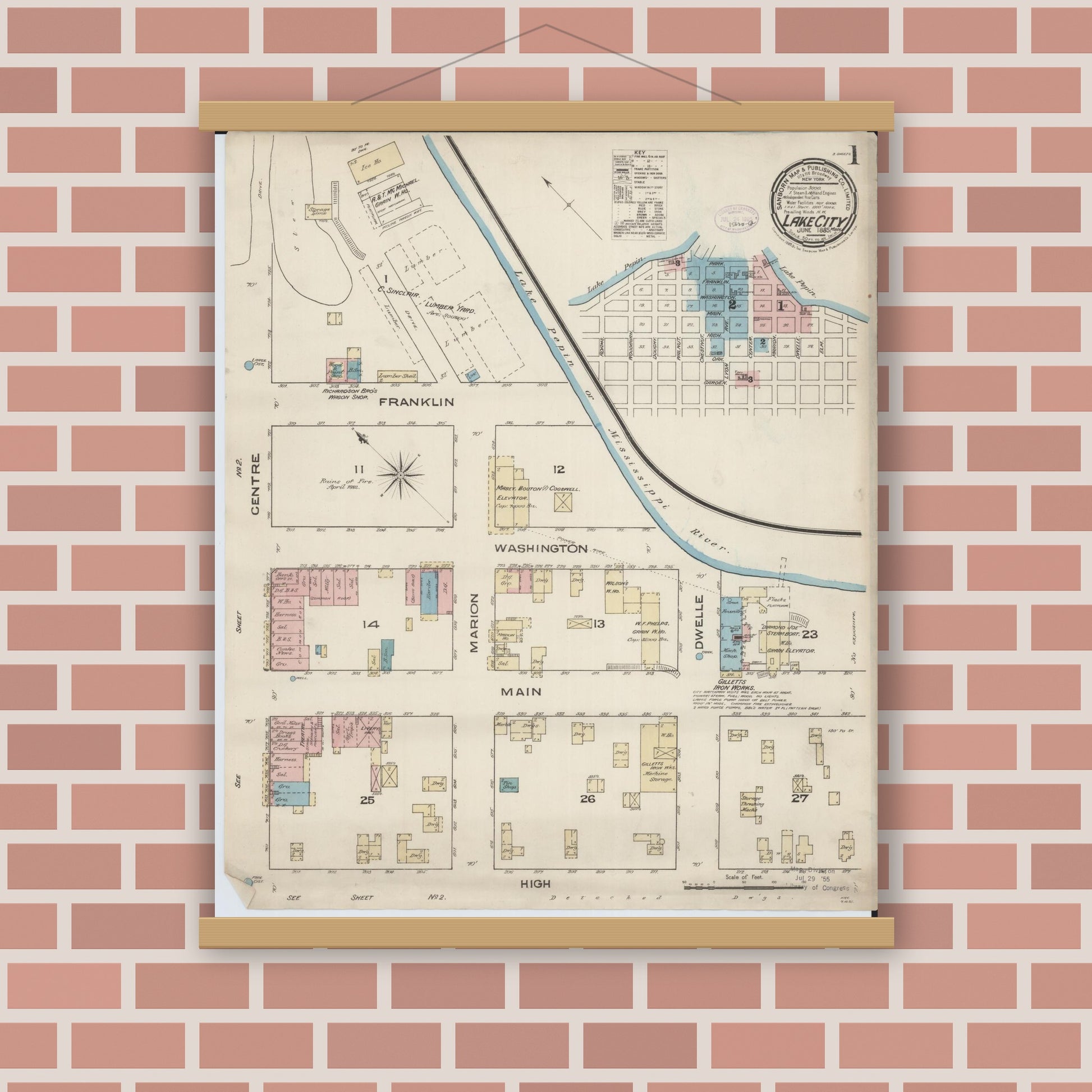Old map wall art mockup — magnetic wood frame on brick wall — Sanborn Fire Insurance Map from Lake City, Wabasha County, Minnesota (1885), Sheet #0001