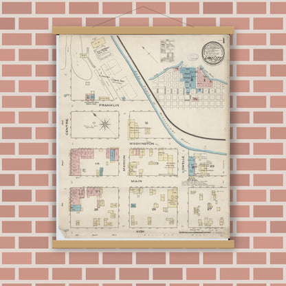 Old map wall art mockup — magnetic wood frame on brick wall — Sanborn Fire Insurance Map from Lake City, Wabasha County, Minnesota (1885), Sheet #0001