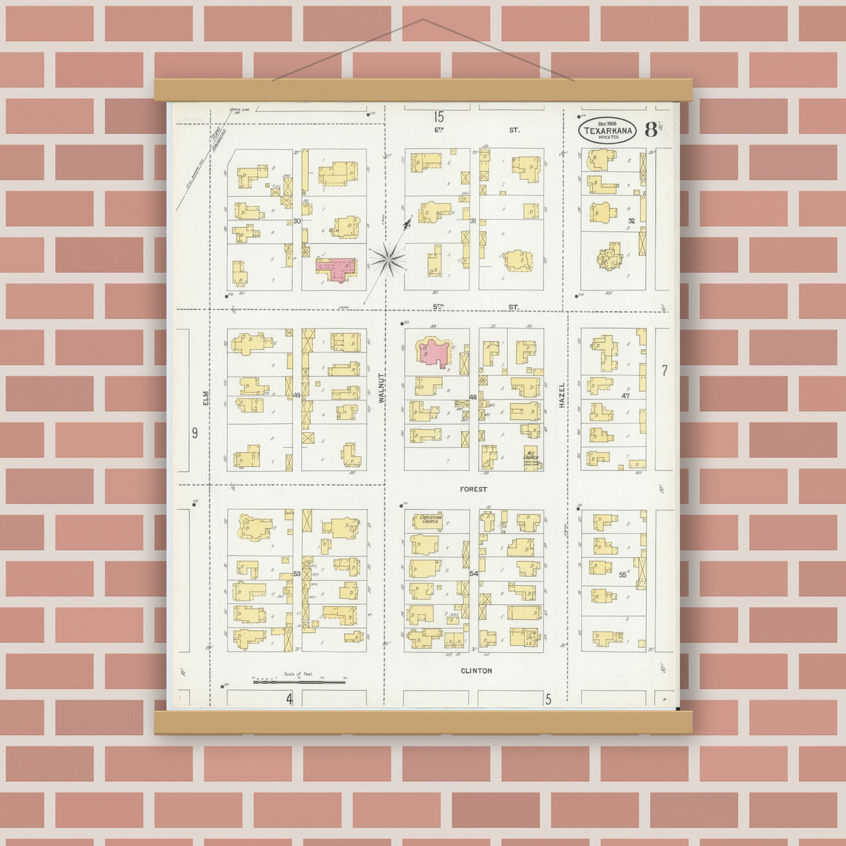 Old map wall art mockup — magnetic wood frame on brick wall — Sanborn Fire Insurance Map from Texarkana, Bowie County, Texas (1900), Sheet #0008