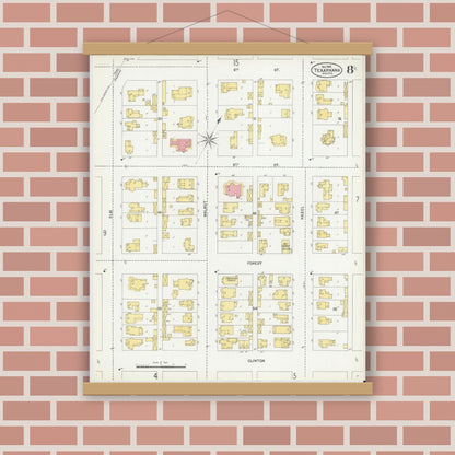 Old map wall art mockup — magnetic wood frame on brick wall — Sanborn Fire Insurance Map from Texarkana, Bowie County, Texas (1900), Sheet #0008