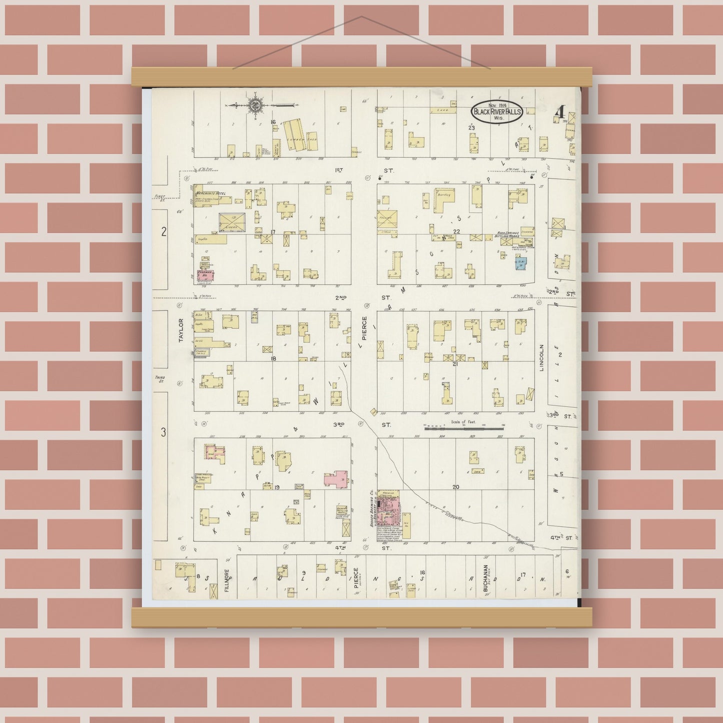 Old map wall art mockup — magnetic wood frame on brick wall — Sanborn Fire Insurance Map from Black River Falls, Jackson County, Wisconsin (1914), Sheet #0004