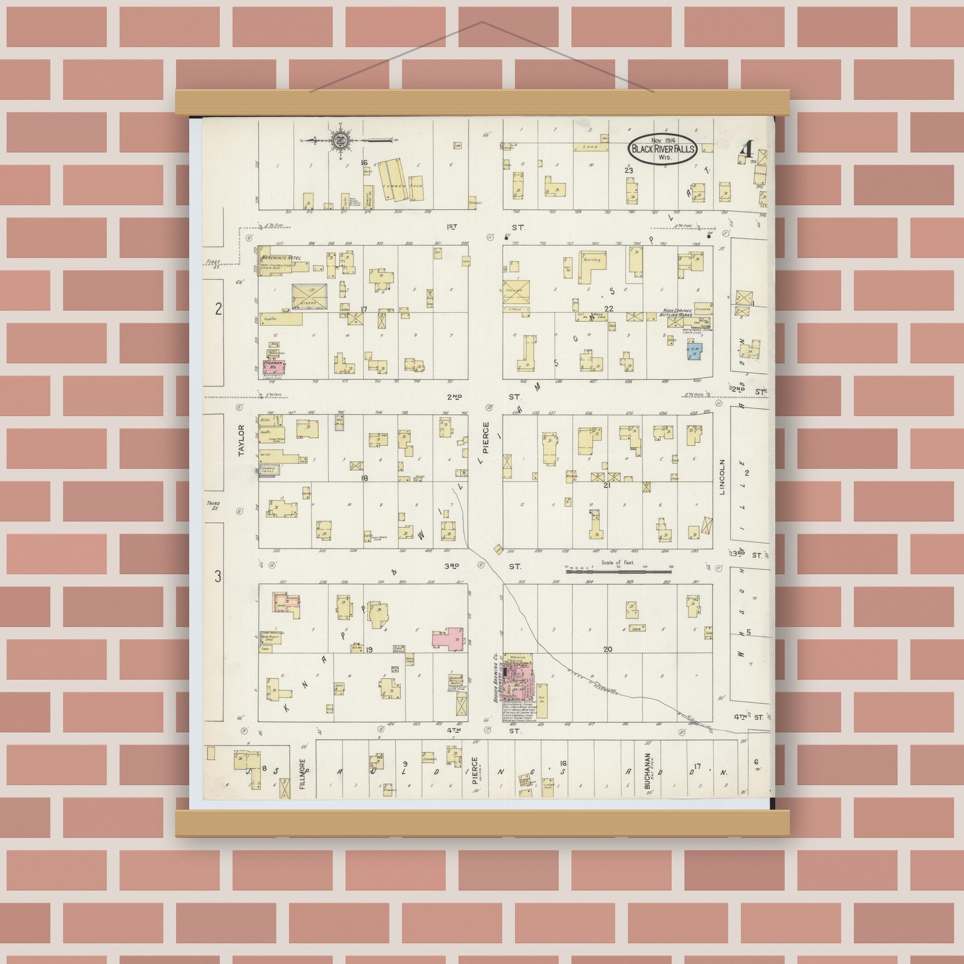 Old map wall art mockup — magnetic wood frame on brick wall — Sanborn Fire Insurance Map from Black River Falls, Jackson County, Wisconsin (1914), Sheet #0004