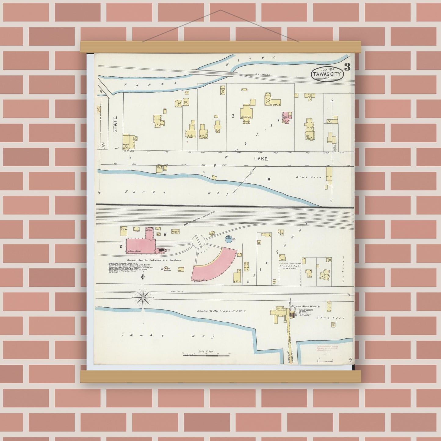 Old map wall art mockup — magnetic wood frame on brick wall — Sanborn Fire Insurance Map from East Tawas, Iosco County, Michigan (1893), Sheet #0003