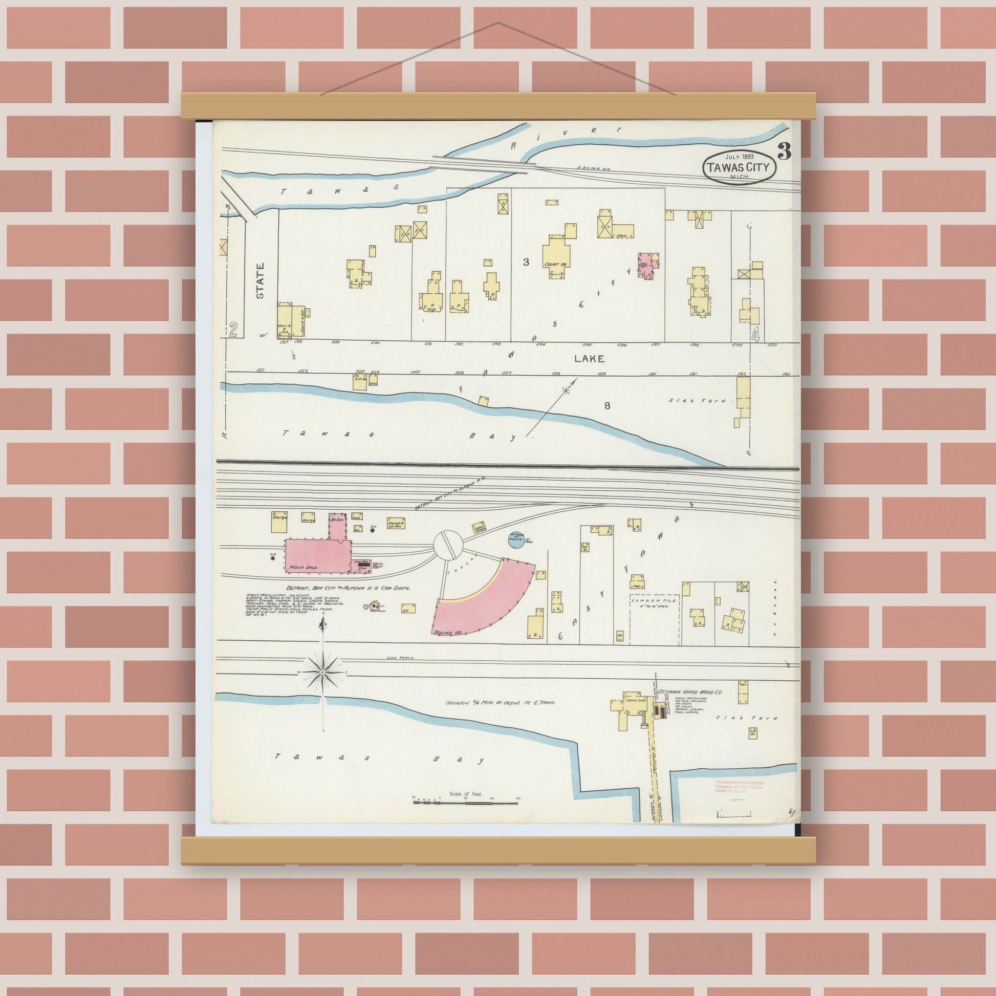 Old map wall art mockup — magnetic wood frame on brick wall — Sanborn Fire Insurance Map from East Tawas, Iosco County, Michigan (1893), Sheet #0003
