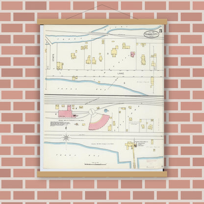 Old map wall art mockup — magnetic wood frame on brick wall — Sanborn Fire Insurance Map from East Tawas, Iosco County, Michigan (1893), Sheet #0003