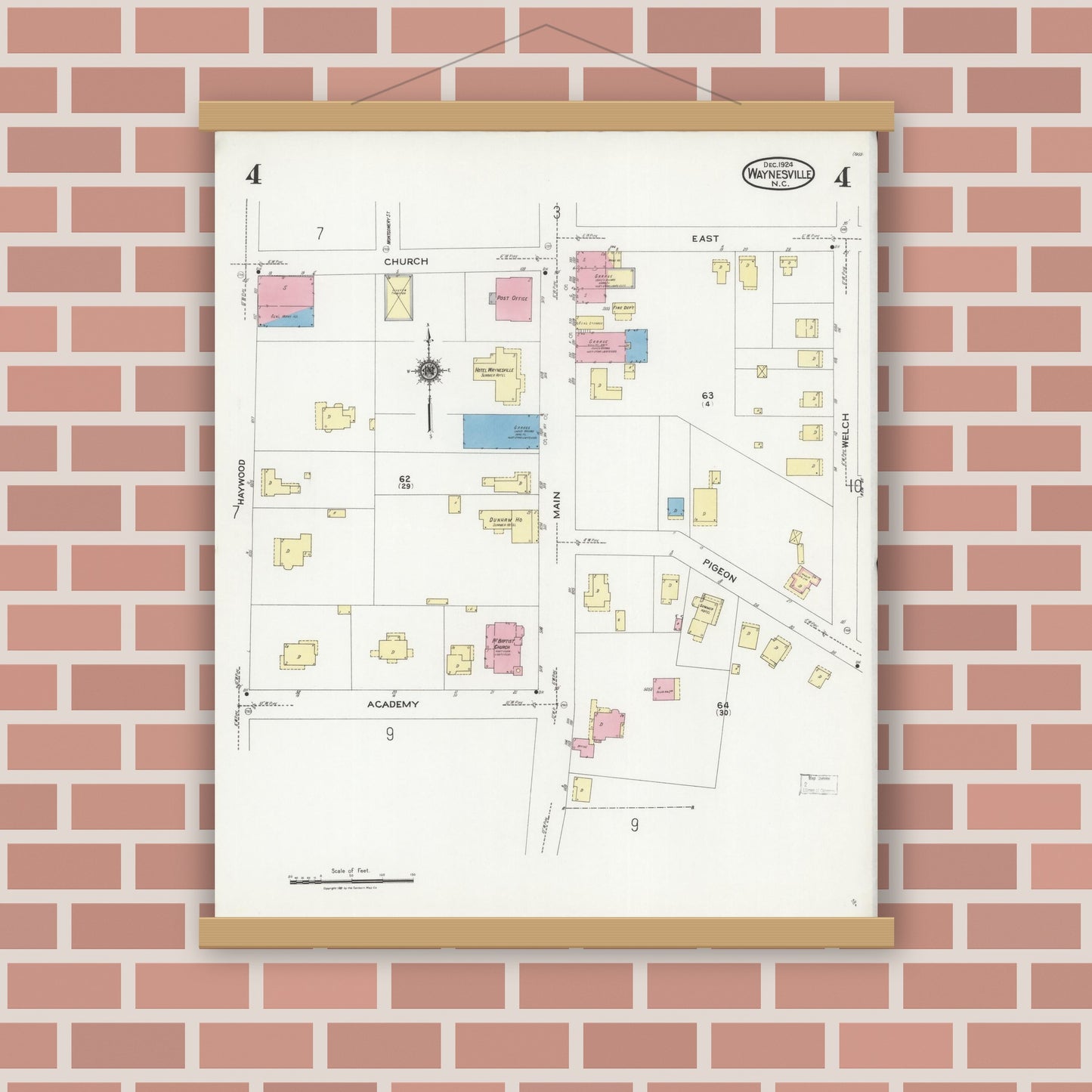 Old map wall art mockup — magnetic wood frame on brick wall — Sanborn Fire Insurance Map from Waynesville, Haywood County, North Carolina (1924), Sheet #0004