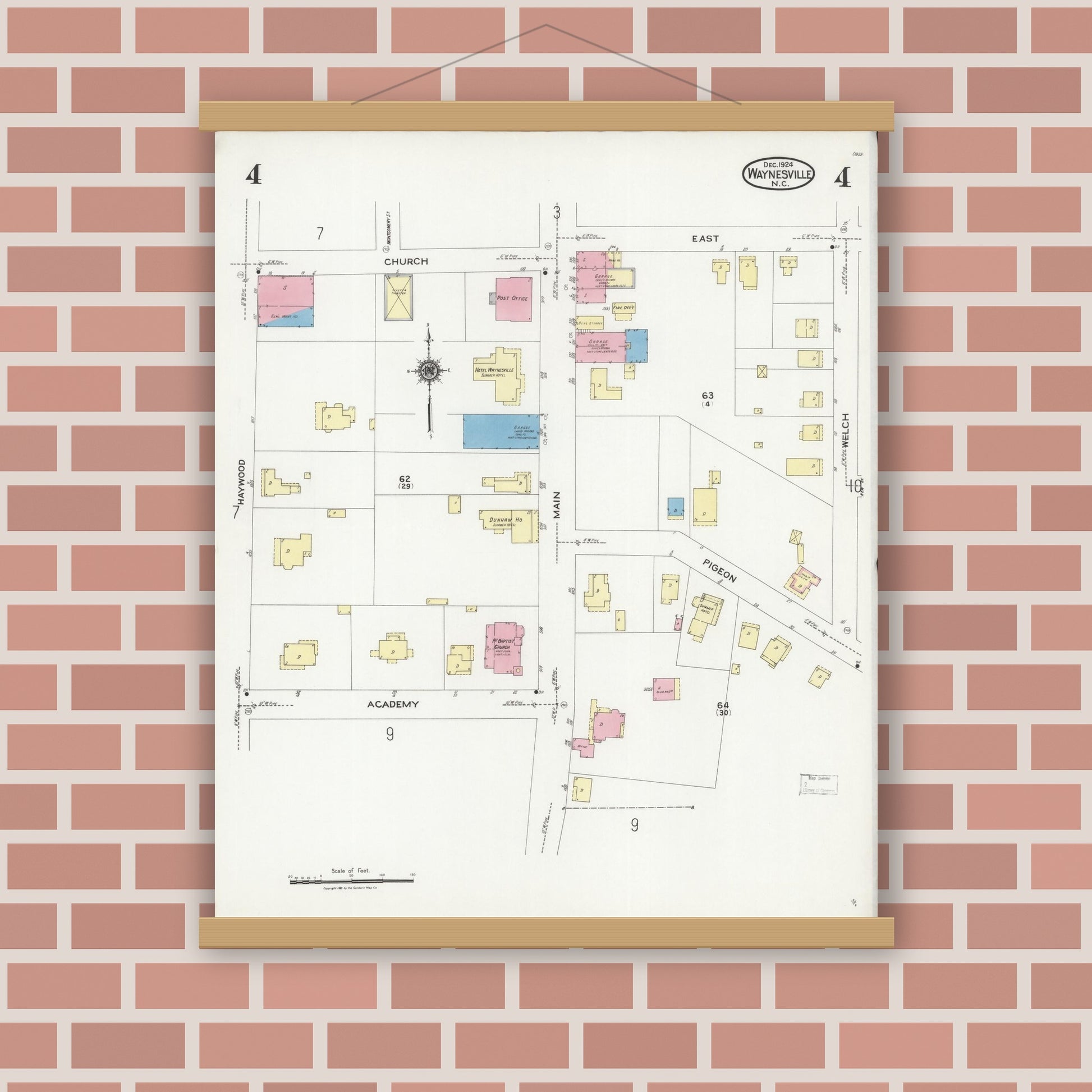 Old map wall art mockup — magnetic wood frame on brick wall — Sanborn Fire Insurance Map from Waynesville, Haywood County, North Carolina (1924), Sheet #0004