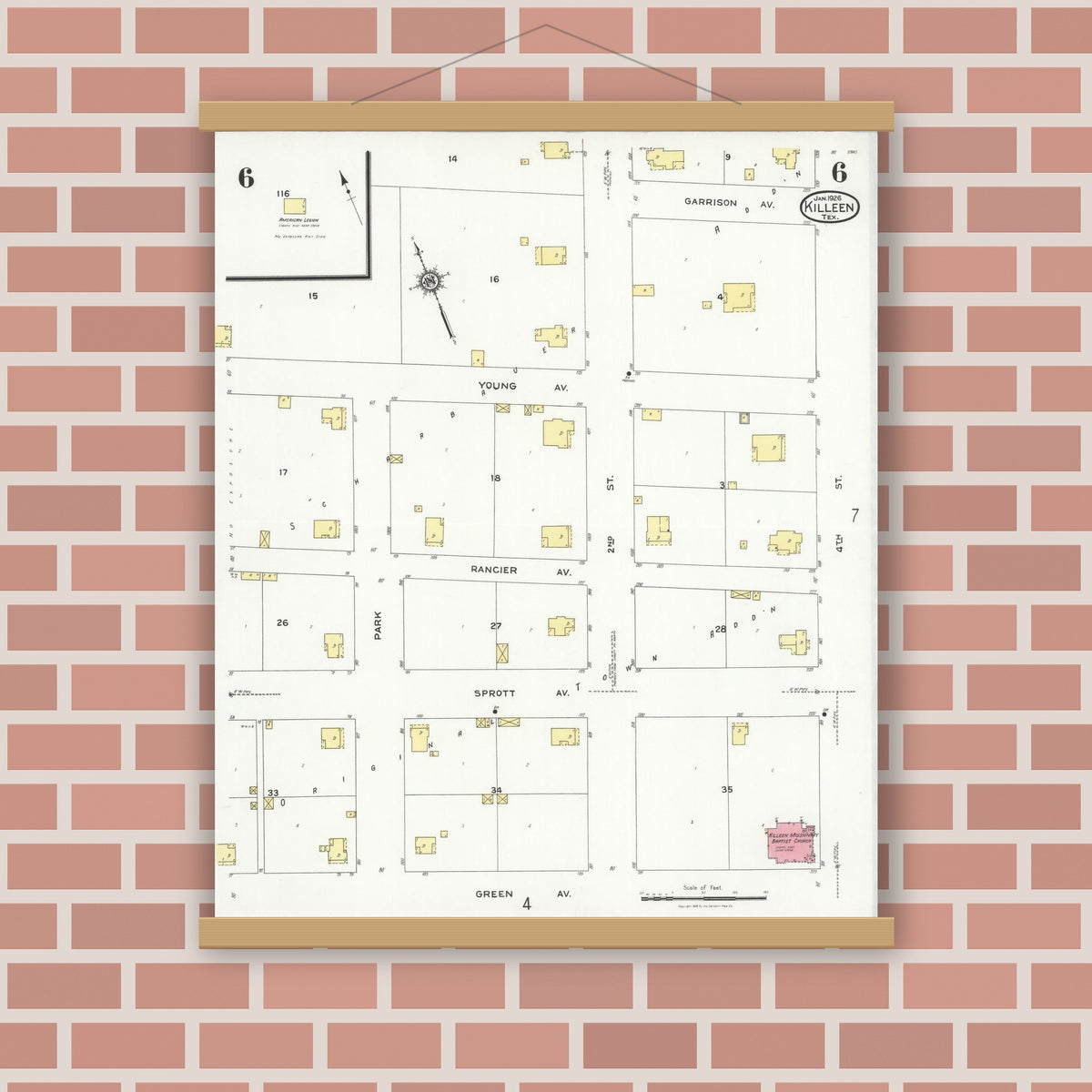 Old map wall art mockup — magnetic wood frame on brick wall — Sanborn Fire Insurance Map from Killeen, Bell County, Texas (1926), Sheet #0006