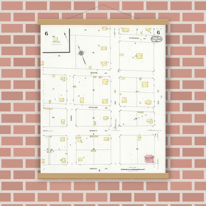 Old map wall art mockup — magnetic wood frame on brick wall — Sanborn Fire Insurance Map from Killeen, Bell County, Texas (1926), Sheet #0006