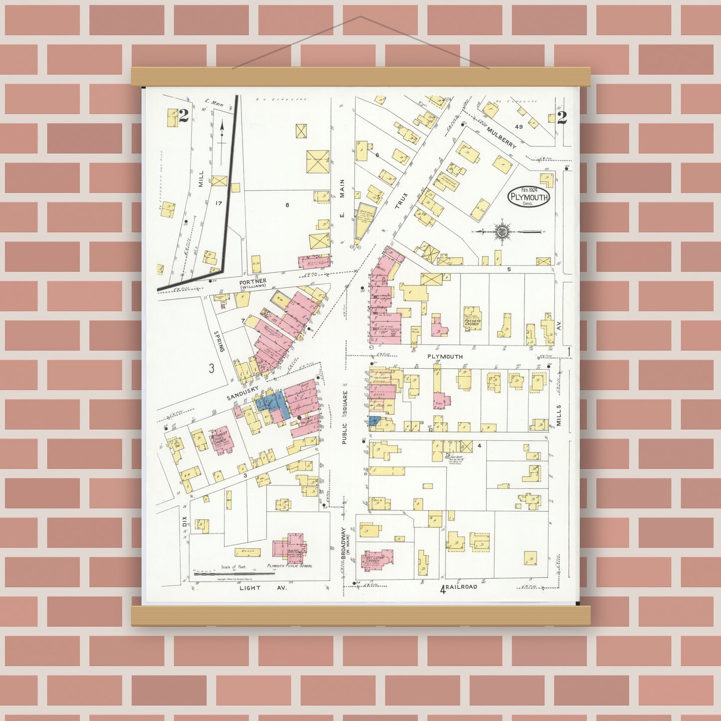 Old map wall art mockup — magnetic wood frame on brick wall — Sanborn Fire Insurance Map from Plymouth, Huron And Richland Counties, Ohio (1924), Sheet #0002