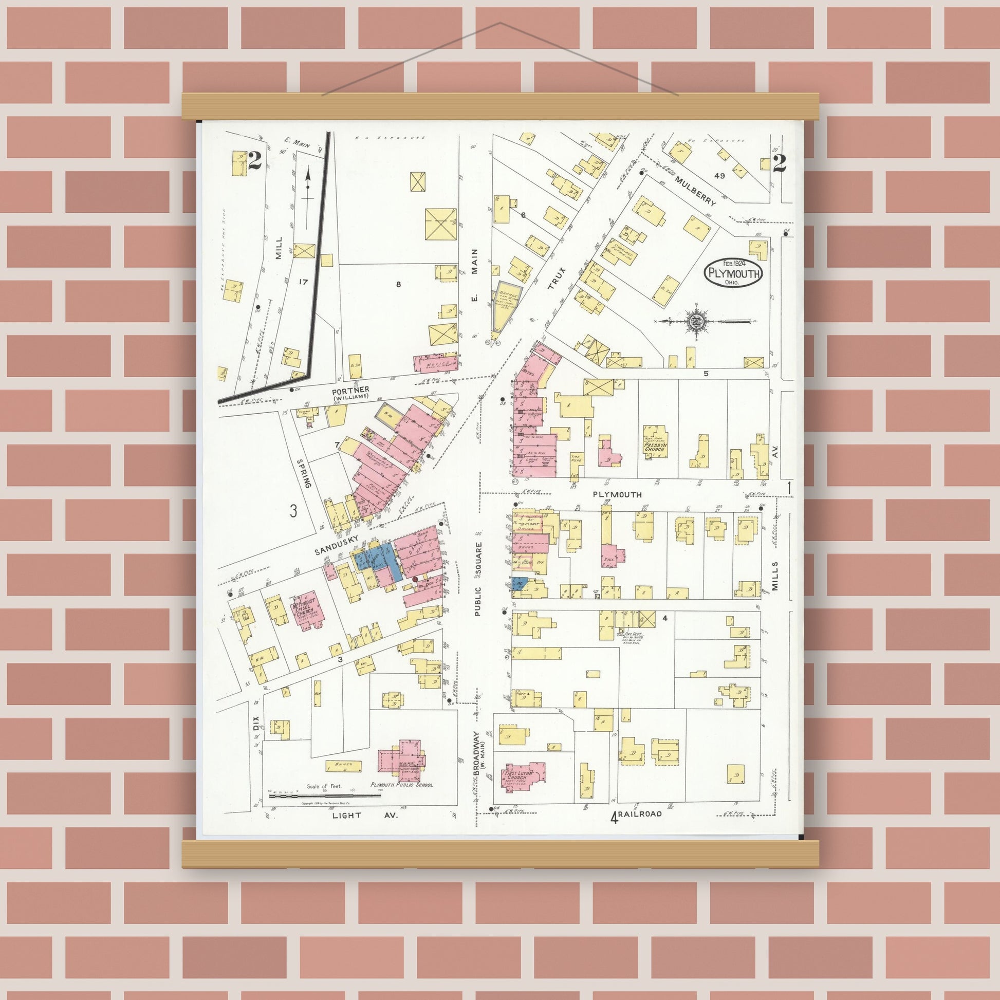 Old map wall art mockup — magnetic wood frame on brick wall — Sanborn Fire Insurance Map from Plymouth, Huron And Richland Counties, Ohio (1924), Sheet #0002