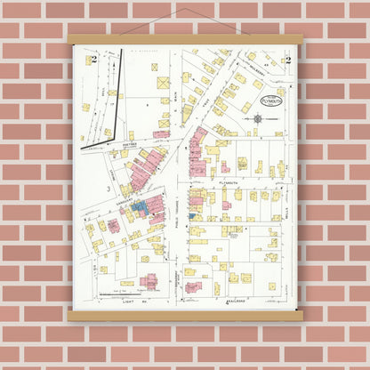 Old map wall art mockup — magnetic wood frame on brick wall — Sanborn Fire Insurance Map from Plymouth, Huron And Richland Counties, Ohio (1924), Sheet #0002