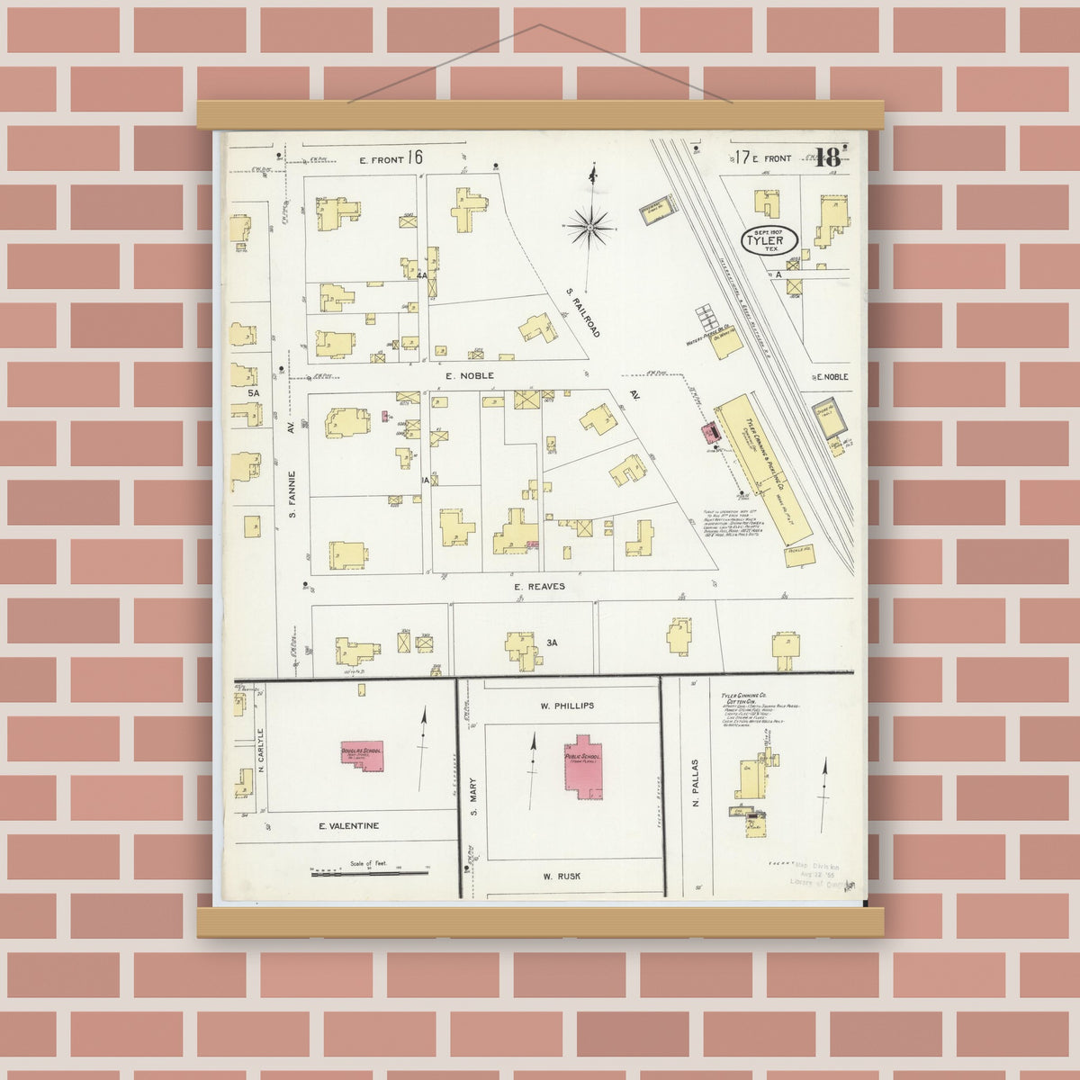 Old map wall art mockup — magnetic wood frame on brick wall — Sanborn Fire Insurance Map from Tyler, Smith County, Texas (1907), Sheet #0018