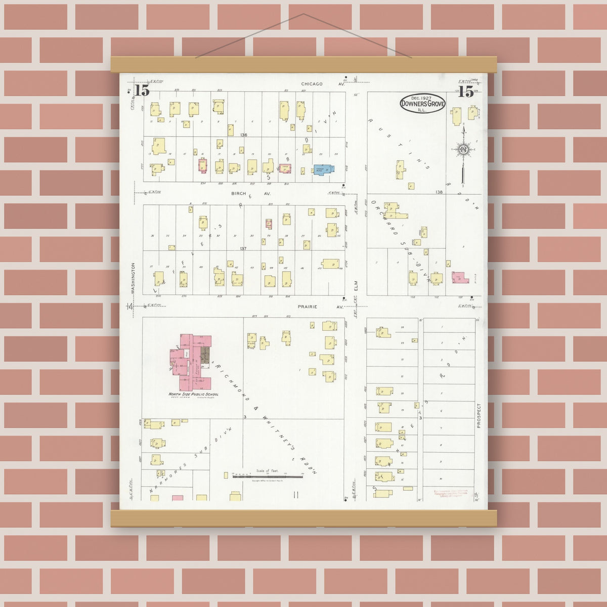 Old map wall art mockup — magnetic wood frame on brick wall — Sanborn Fire Insurance Map from Downers Grove, Dupage County, Illinois (1927), Sheet #0015