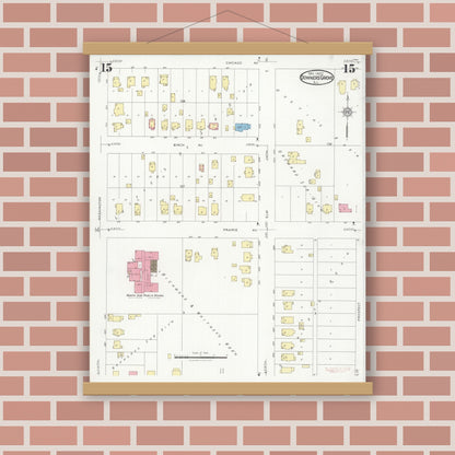 Old map wall art mockup — magnetic wood frame on brick wall — Sanborn Fire Insurance Map from Downers Grove, Dupage County, Illinois (1927), Sheet #0015