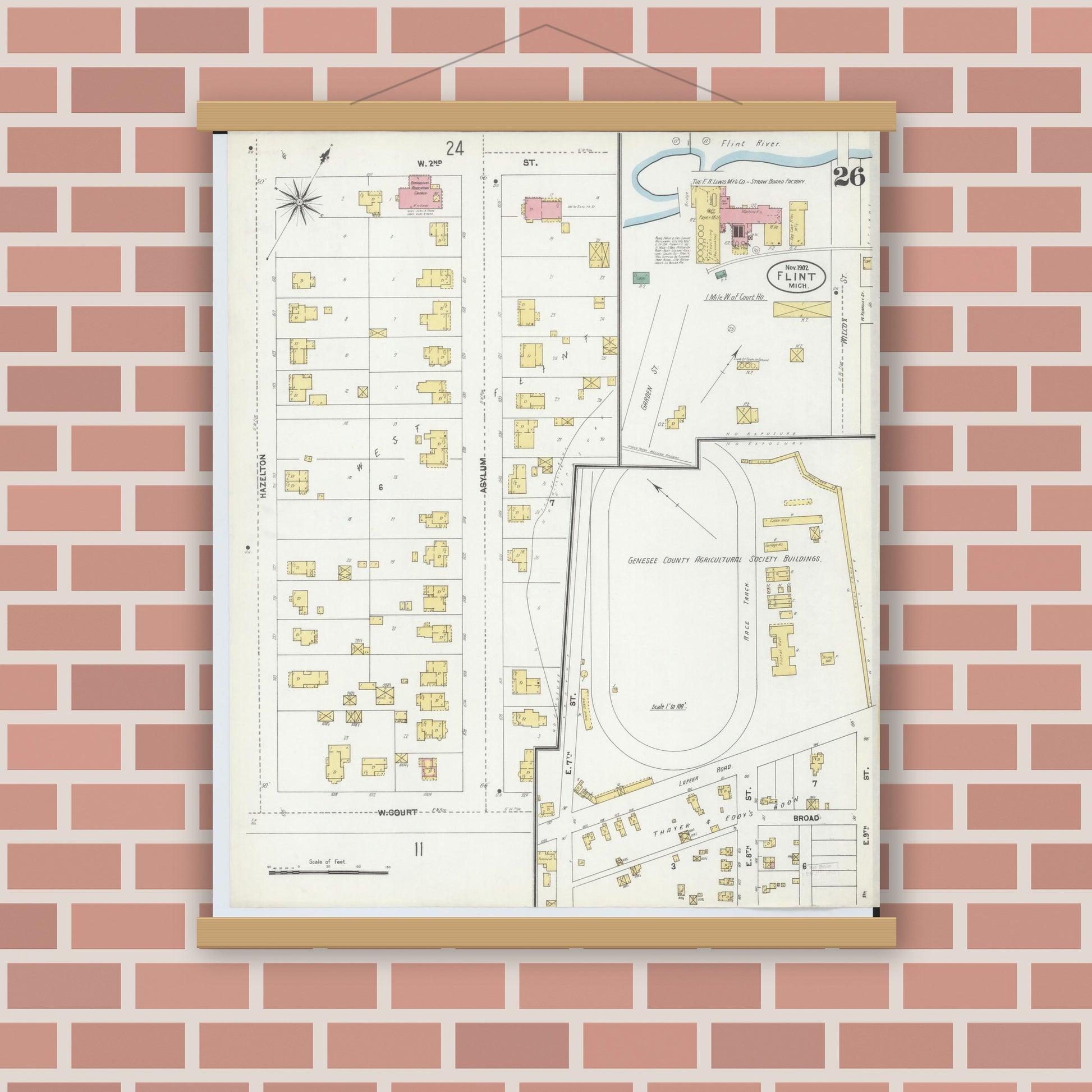 Old map wall art mockup — magnetic wood frame on brick wall — Sanborn Fire Insurance Map from Flint, Genesee County, Michigan (1902), Sheet #0026