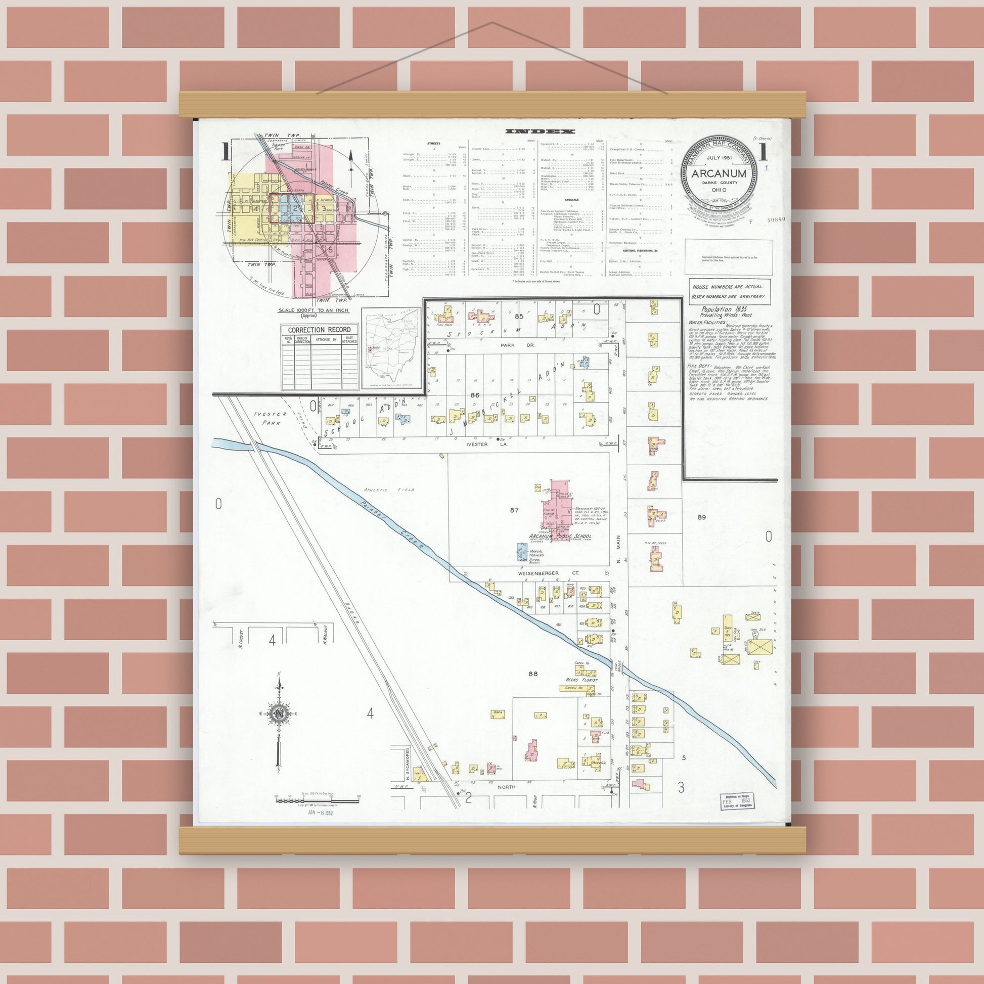 Old map wall art mockup — magnetic wood frame on brick wall — Sanborn Fire Insurance Map from Arcanum, Darke County, Ohio (1951) - Complete Map Set