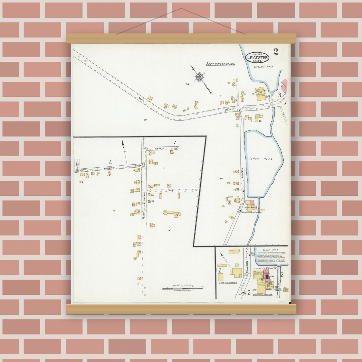 Old map wall art mockup — magnetic wood frame on brick wall — Sanborn Fire Insurance Map from Leicester, Worcester County, Massachusetts (1918), Sheet #0002