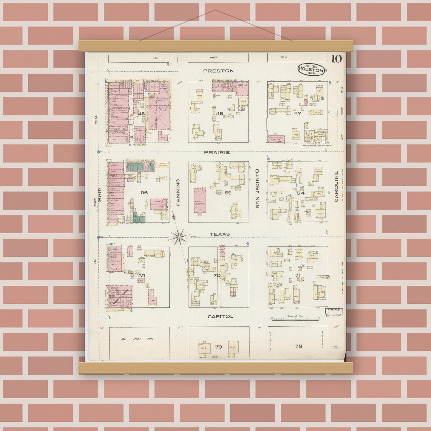 Old map wall art mockup — magnetic wood frame on brick wall — Sanborn Fire Insurance Map from Houston, Harris County, Texas (1885), Sheet #0010