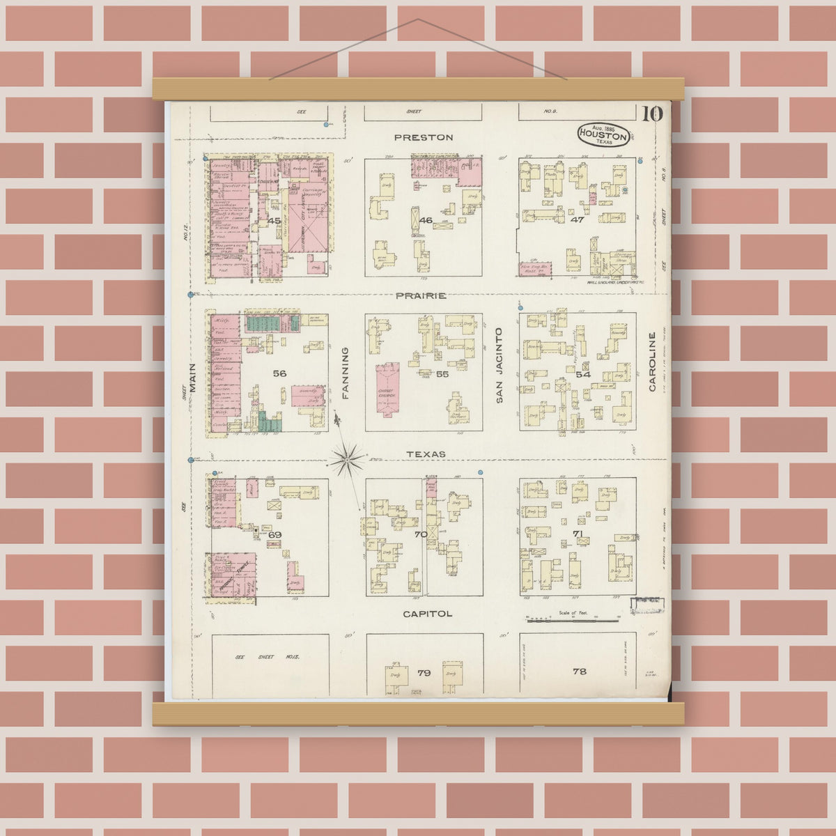 Old map wall art mockup — magnetic wood frame on brick wall — Sanborn Fire Insurance Map from Houston, Harris County, Texas (1885), Sheet #0010