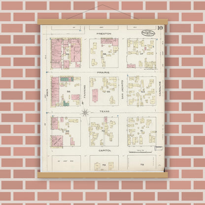Old map wall art mockup — magnetic wood frame on brick wall — Sanborn Fire Insurance Map from Houston, Harris County, Texas (1885), Sheet #0010