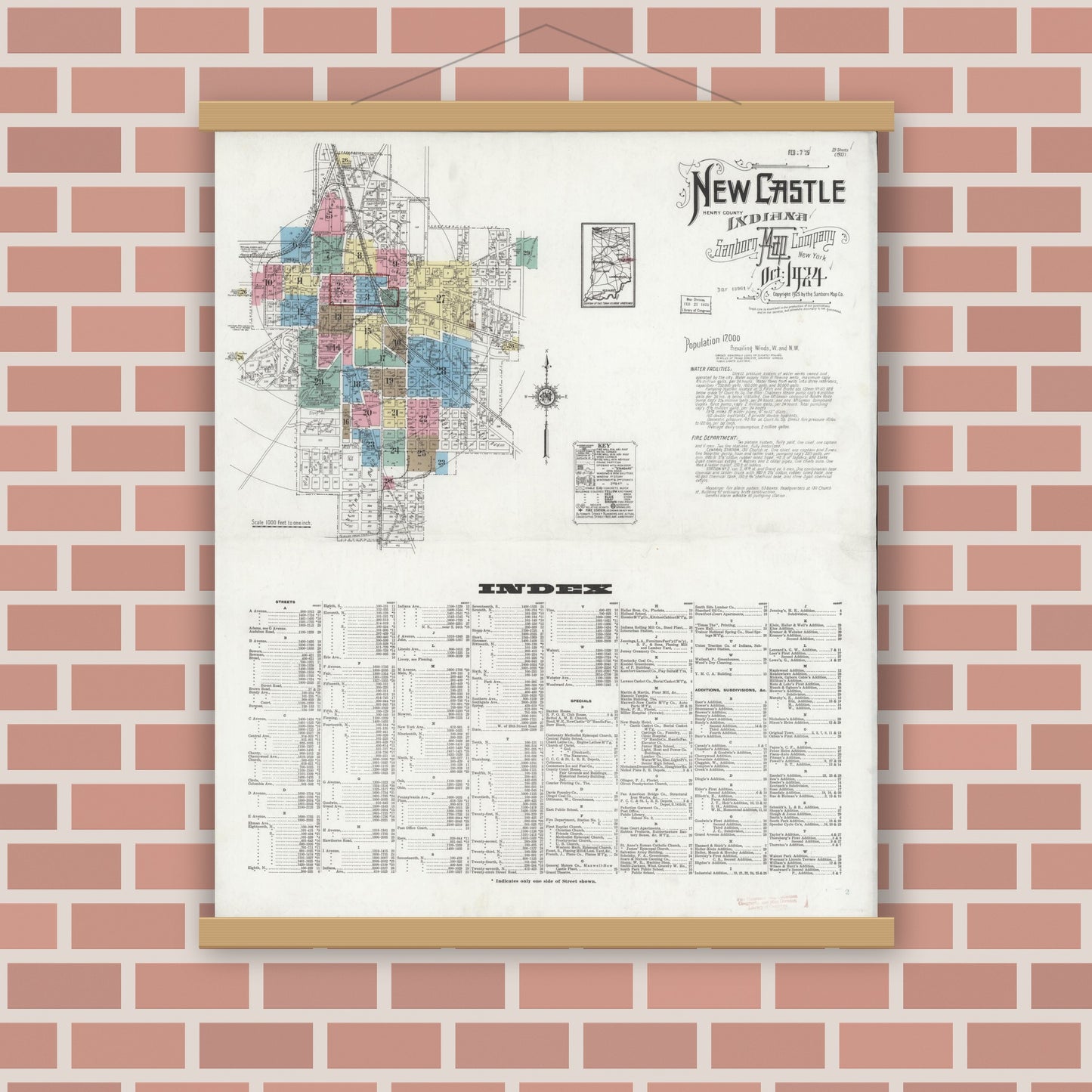 Old map wall art mockup — magnetic wood frame on brick wall — Sanborn Fire Insurance Map from New Castle, Henry County, Indiana (1924) - Complete Map Set