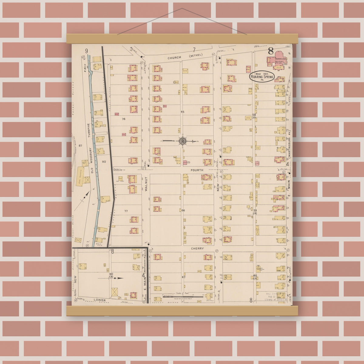 Old map wall art mockup — magnetic wood frame on brick wall — Sanborn Fire Insurance Map from Roaring Spring, Blair County, Pennsylvania (1922), Sheet #0008