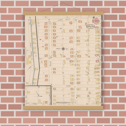 Old map wall art mockup — magnetic wood frame on brick wall — Sanborn Fire Insurance Map from Roaring Spring, Blair County, Pennsylvania (1922), Sheet #0008